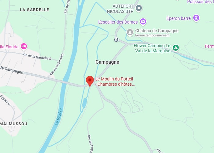 Carte Campagne : Le Moulin du Porteil près de la Vézère Carte centrée sur Campagne, France, montrant Le Moulin du Porteil (Chambres d'hôtes) près de la rivière Vézère, avec les indications La Gardelle, Malmussou, et Rte de Saint-Cirq.